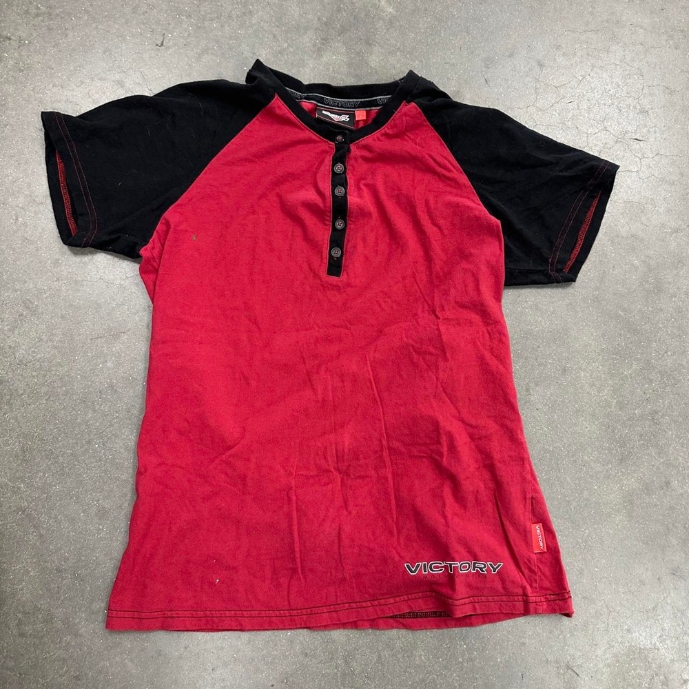 Y2K 2000s Victory Motorcycles Red & Black Henley Button Up Shirt Size Lg